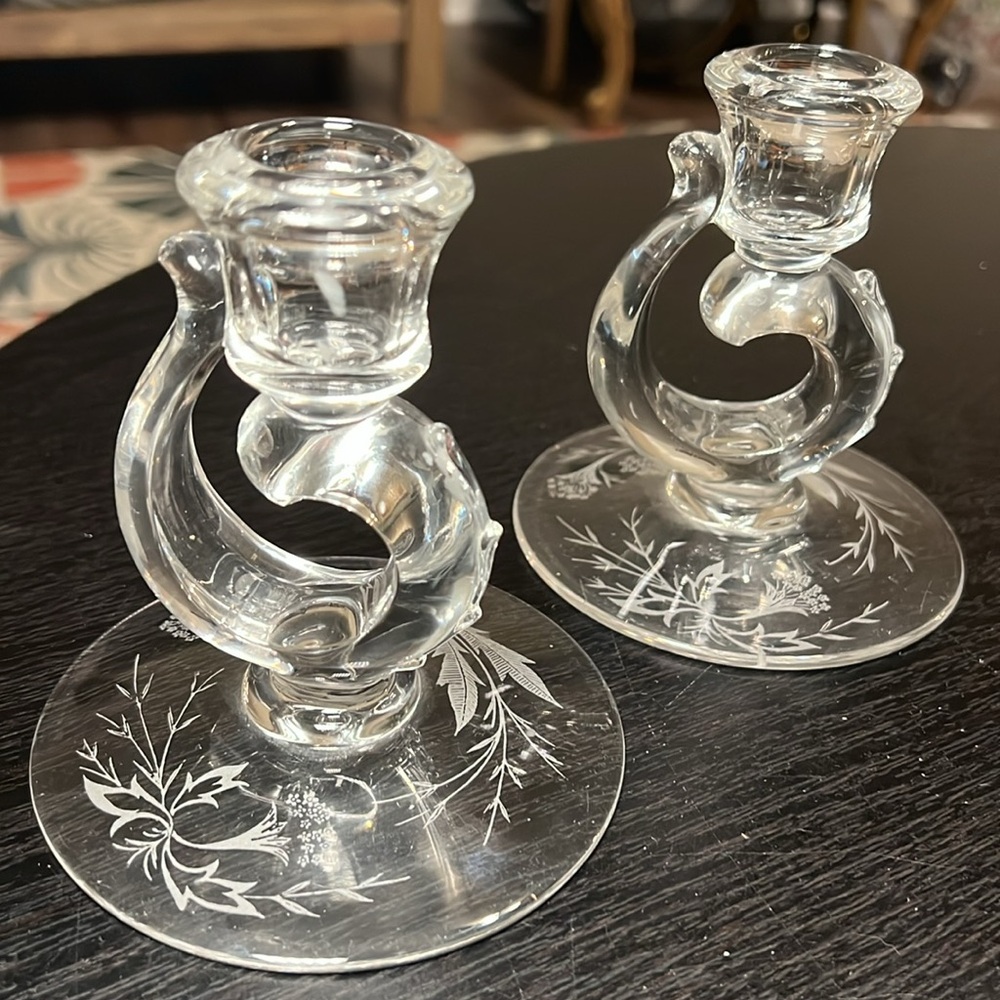 2 Fostoria Clear Glass Flame Century Pattern Heather Etched Candlestick Holders